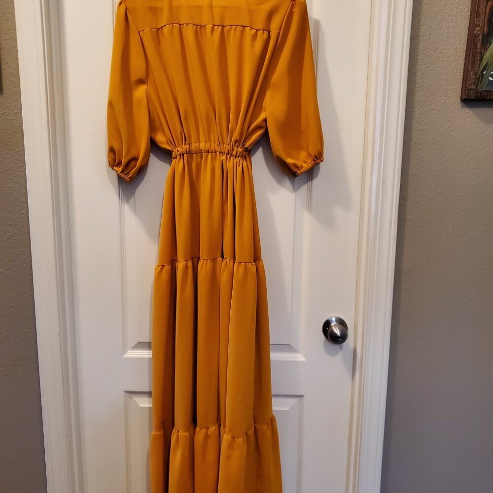 NWOT Boho Chic Mustard yellow-orange Smocked Waist Flowy Dress Puff Sleeves M/L - Picture 5 of 8